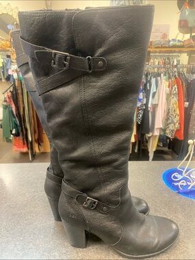 boc Black Mid-Calf Leather Heeled Boots with Buckle Straps